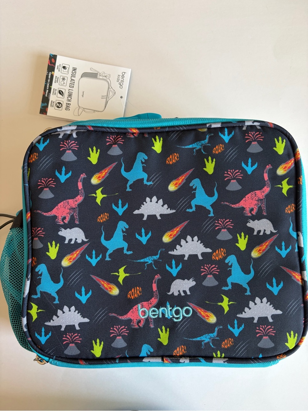 New Bentgo Kids Insulated Lunch Bag - Teal with Multicolor Dino Print